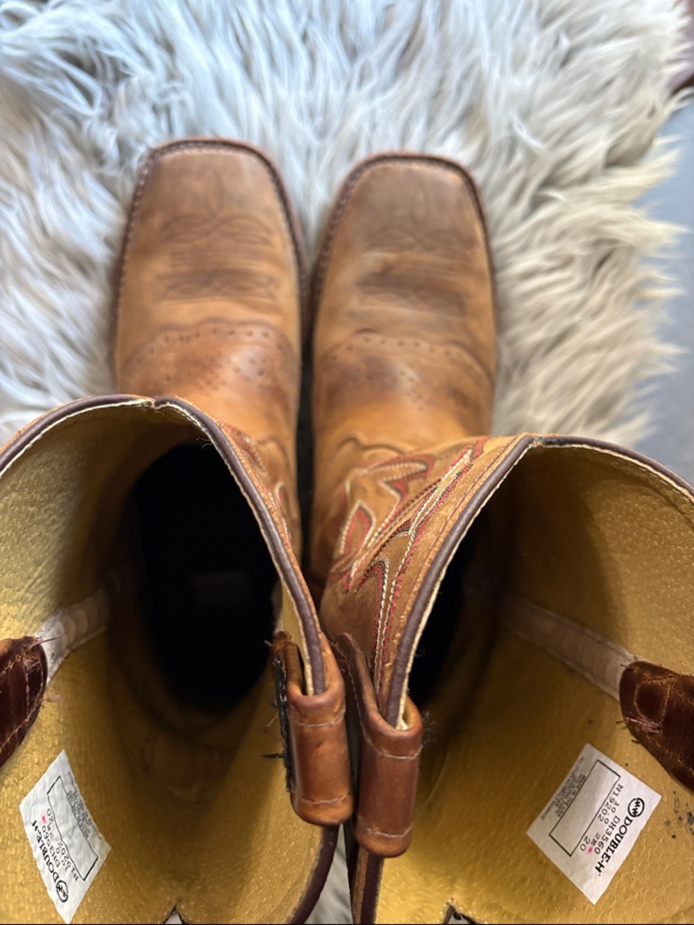 Double H Tan & Brown Leather Cowboy Boots with Red Stitching - Picture 6 of 8